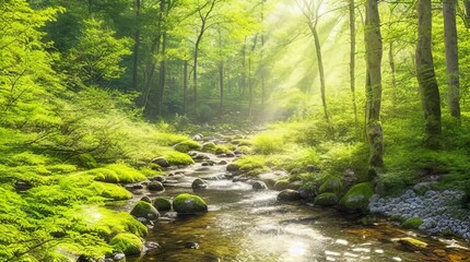 A peaceful forest scene, with sunlight filtering through the trees and a babbling brook in the background. - obrazy, fototapety, plakaty