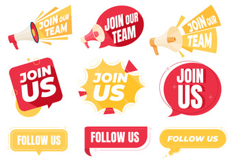 A bright banner with an appeal. Join our team, follow us. Vector illustration