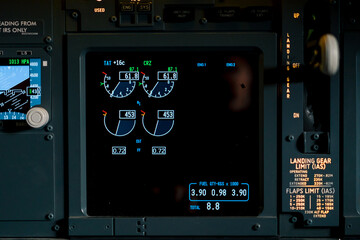 A detailed shot of the control and navigation panel in the cockpit of a Boeing 737 Flight Simulator...