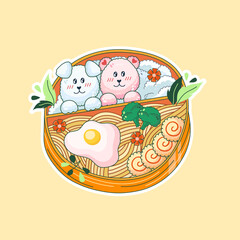 Bento box in Kawaii style. Cute, colorful illustration. Japanese food in a lunch box. Anime and chibi. Vector.