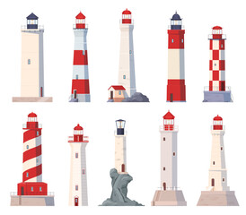 A set of different lighthouses. Buildings on the seashore to light a safe way for ships. Vector illustration