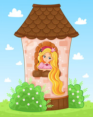 Fairy Tale scene with cute princess in the tower illustration. Vector illustration in a cartoon style. - 596380782