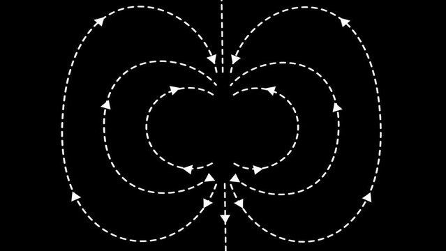 Magnetic field lines and arrows white on black. Dissolve pole and arrows version. Physics  animation cartoon illustrating magnetism. Cartoon good for educational meterials, etc...