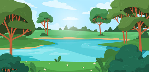Nature landscape background. Beautiful summer landscape with trees and river. Vector illustration