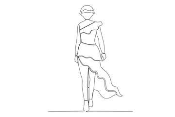 A catwalk woman in a beautiful dress. Fashion show one-line drawing