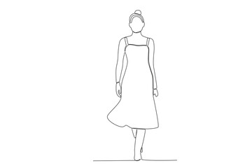 A fashion show model with a fancy dress. Fashion show one-line drawing