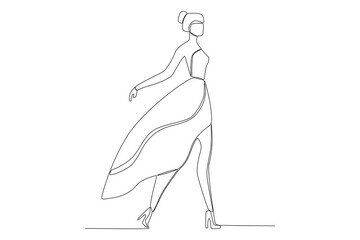 A catwalk female model on stage. Fashion show one-line drawing
