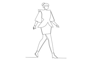 A fashion show woman with a trendy dress. Fashion show one-line drawing