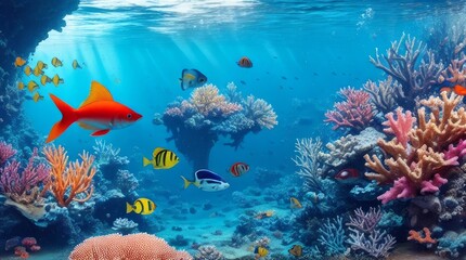 An underwater scene, with colorful fish swimming among coral reefs and sunken shipwrecks.
