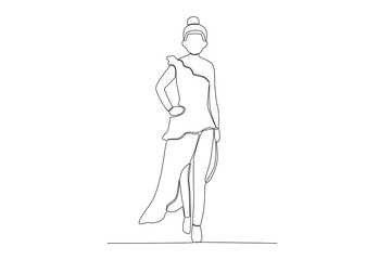 Side view of a fashion show model on stage. Fashion show one-line drawing