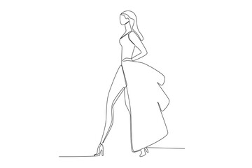 A catwalk woman in a fashion week event. Fashion show one-line drawing