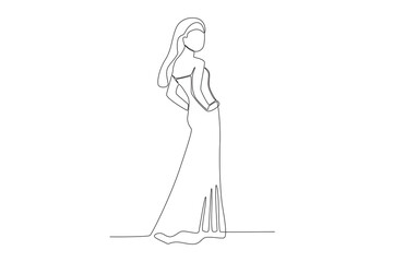 A model walks confidently on stage. Fashion show one-line drawing