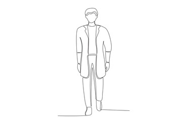 A female model posing on the stage. Fashion show one-line drawing