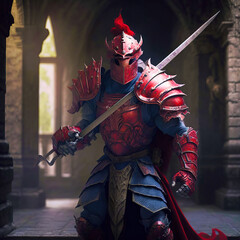 Fototapeta premium Knight in red armor - digital illustration. Generative Ai