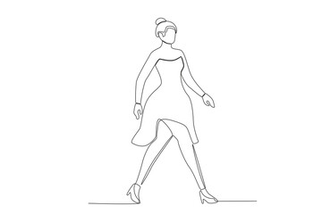 Side view of a catwalk woman on stage. Fashion show one-line drawing