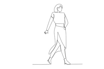 A woman walking while posing on stage. Fashion show one-line drawing