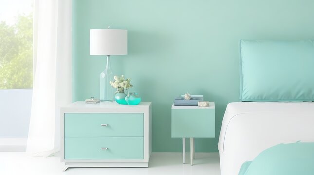 White modern mid-century bedside table, bed, embroidered pillowcase in sunlight on turquoise blue pastel green wall bedroom.