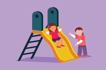 Obraz premium Cartoon flat style drawing of preschool girl sliding down slide and happy friend seeing her on side of slide. Kids playing together on playground at amusement park. Graphic design vector illustration