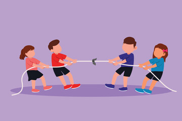 Cartoon flat style drawing group of children playing tug of war at playground. Happy kids playing tug of war at park. Girls and boys pull rope, outdoor child games. Graphic design vector illustration - obrazy, fototapety, plakaty