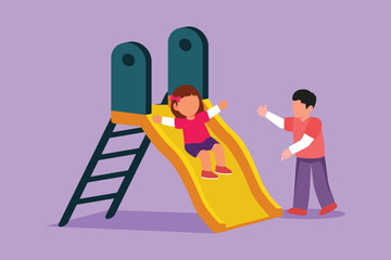 Cartoon flat style drawing preschool kids playing together in kindergarten playground. Little girl sliding down the slide and cute boy seeing her on side of slide. Graphic design vector illustration © onetime