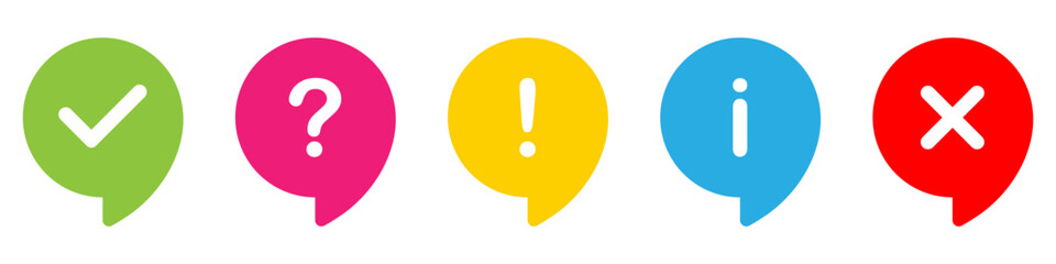 Fototapeta premium Information speech bubbles icon set. Check mark, question, attention, information, x letter. Quiz