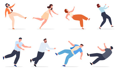 Fototapeta na wymiar People in a falling position. Stumbling on an obstacle, slipping on a slippery surface. Concept of failure. Vector illustration