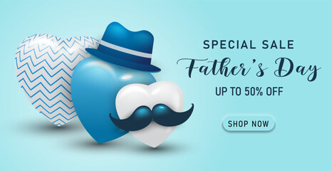 Happy Father's Day banner template with blue color and minimalist heart design. , Father's day special sale illustration.