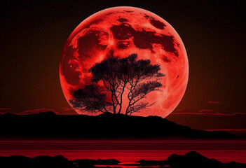 Fototapeta na wymiar Red moon visible from planet earth, fantastic landscape. AI Generated