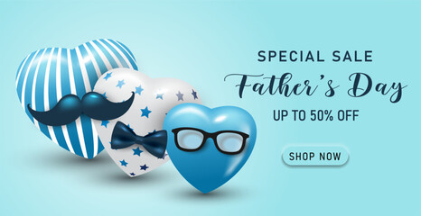 Happy Father's Day banner template with blue color and minimalist heart design. , Father's day special sale illustration.