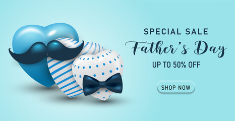 Happy Father's Day banner template with blue color and minimalist heart design. , Father's day special sale illustration.