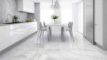 Clean gray marble tile floor in contemporary design kitchen with dining table, trolley, children high chair.