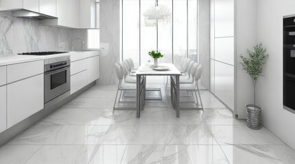 Clean gray marble tile floor in contemporary design kitchen with dining table, trolley, children high chair.