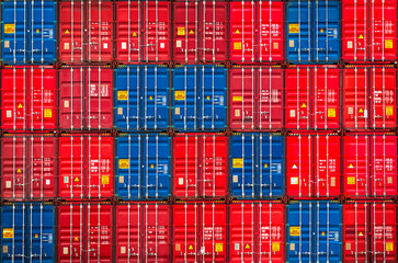 Row of Stacked Containers Cargo Shipping. Handling of Logistic Transportation Industry. Cargo Container ships, Freight Trucks Import-Export. Distribution Warehouse. Shipping Logistics Transport