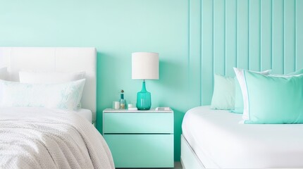 Fototapeta premium White modern mid-century bedside table, bed, embroidered pillowcase in sunlight on turquoise blue pastel green wall bedroom.