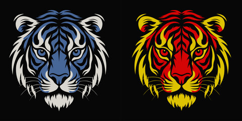 Fototapeta premium tiger head mascot logo vector set. Tiger logo in blue and red on a black background.