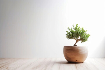 Modern Interior Design Concept with White Wall Background. Tabletop for your product with Tree Pot and Beautiful Plants as Decoration in Room