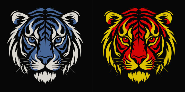 tiger head mascot logo vector set. Tiger logo in blue and red on a black background.