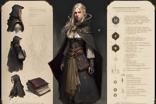 a character concept page for a female blonde norse merchant she is dressed as a medieval merchant wears a dark blue cloak and carries bags dungeons and dragons style 