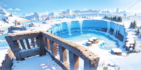 anime style background, landscape, cityscape, rainbow, snow, winter, cold, white, blue sky, sky, castle, ice, travel, generative ai, generative, ai