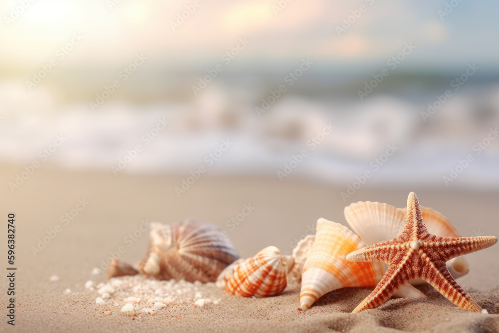 Wall mural starfish and seashells on tropical beach background. summer vacation and nature concept. generative 