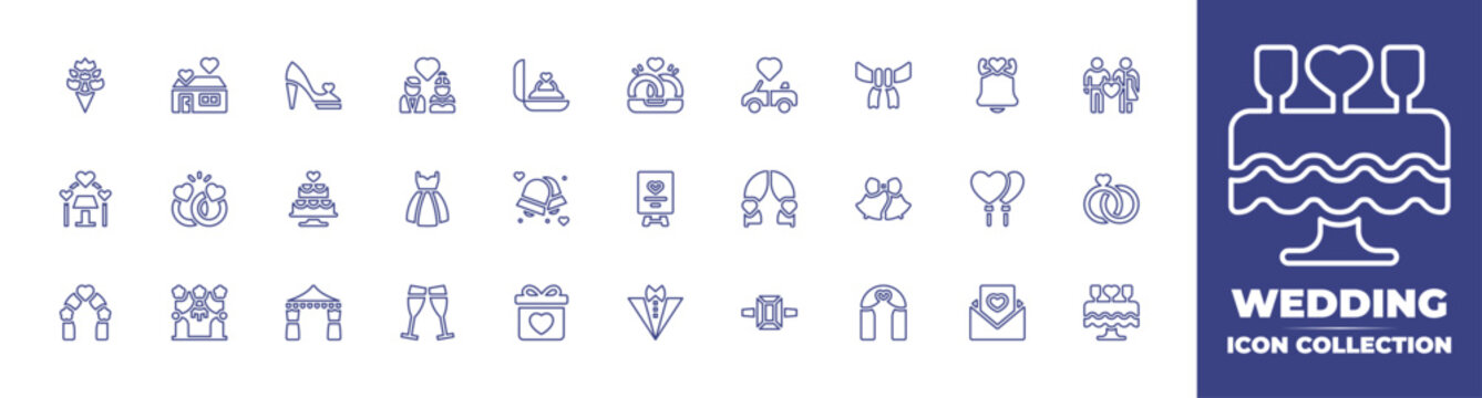  Wedding line icon collection. Editable stroke. Vector illustration. Containing flower bouquet, house, high heels, wedding couple, wedding ring, car, ribbon, wedding bells, married, wedding, and more.
