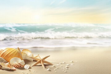 Obraz na płótnie Canvas Starfish and seashells on tropical beach background. Summer vacation and nature concept. Generative ai.