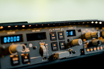 A detailed shot of the control and navigation panel in the cockpit of a Boeing 737 Flight Simulator...