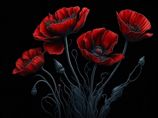 Red poppies in a watercolor style on a black dramatic plain background, space for text. Illustration generated by AI
