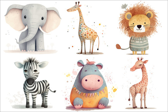 Safari Animal set hippo, lion, giraffe, elephant, zebra in 3d style. Isolated. Generative AI