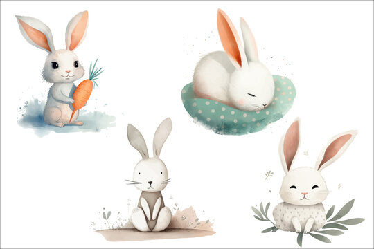 Safari Animal set the rabbit lies, sits, sleeps, holds a carrot in 3d style. Isolated. Generative AI