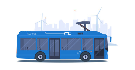 Electric city bus charging from a charging station against the backdrop of an abstract cityscape. Vector illustration. © lyudinka