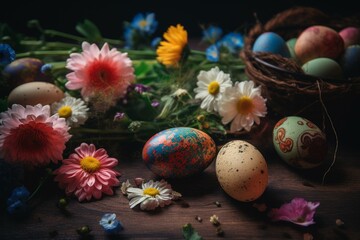 Obraz na płótnie Canvas Easter background with cheerful message, rustic eggs and flower scene. Generative AI