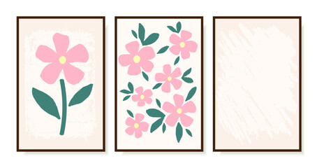 Simple floral vector illustration. Set of posters, pink delicate flowers, frame, empty space. Wall decor, postcards, covers.