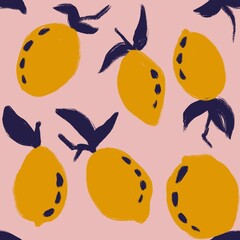 Hand drawn seamless pattern of yellow lemons with navy blue leaves on pink background. Modern sketch citrus fruit design, bright coloful summer tropical tree print.